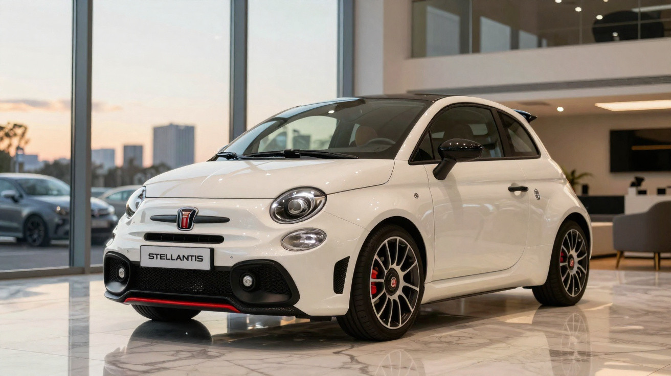 Weißer kompakter Sportwagen mit schwarzem Dach in modernem Showroom mit Marmorboden.
