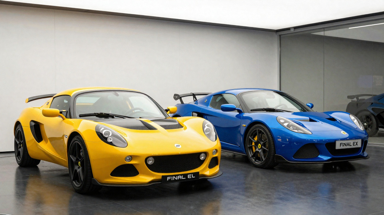 Gelber und blauer Lotus Sportwagen mit Spoilern in moderner Ausstellungshalle nebeneinander geparkt.