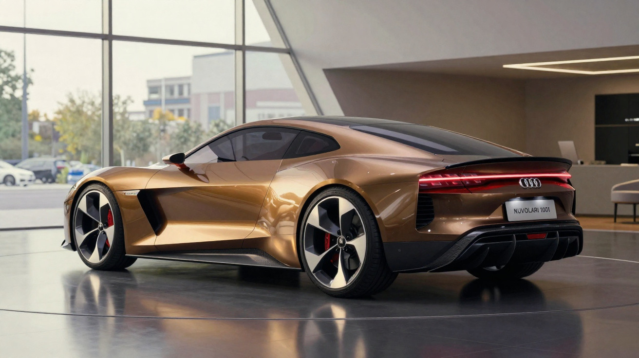 Sportliches, futuristisches Audi Elektroauto in Bronze mit scharfen Linien in modernem Showroom.