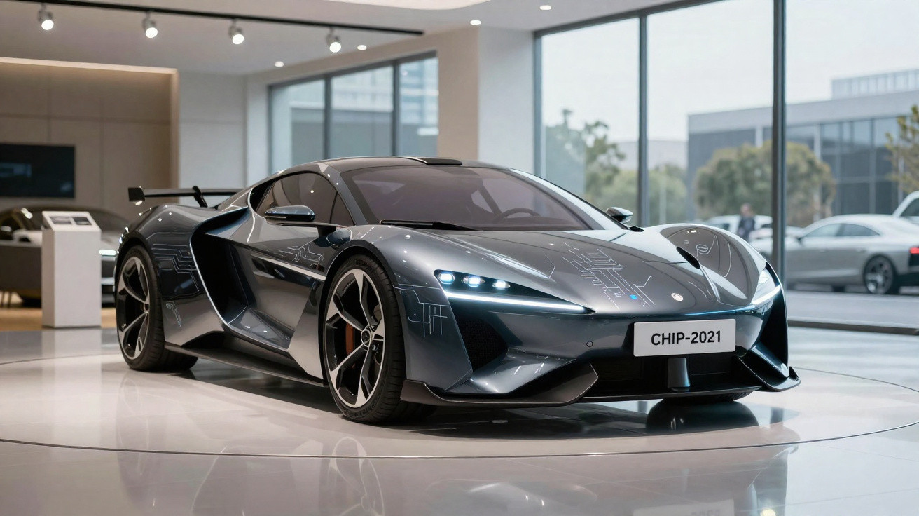 Moderner schwarzer Sportwagen mit futuristischem Design und leuchtenden Scheinwerfern in einer Ausstellungshalle.