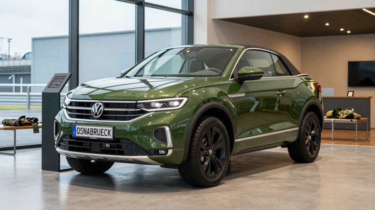 Grünes VW SUV-Cabrio im Showroom mit schwarzen Felgen und Osnabrück-Kennzeichen bei Tageslicht.