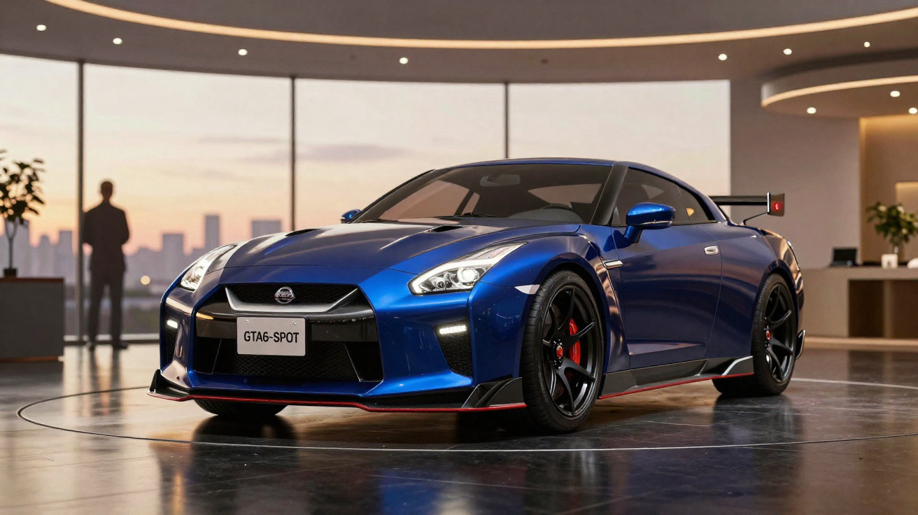Blauer Nissan GT-R Sportwagen in moderner Ausstellungshalle mit Stadtblick im Hintergrund.