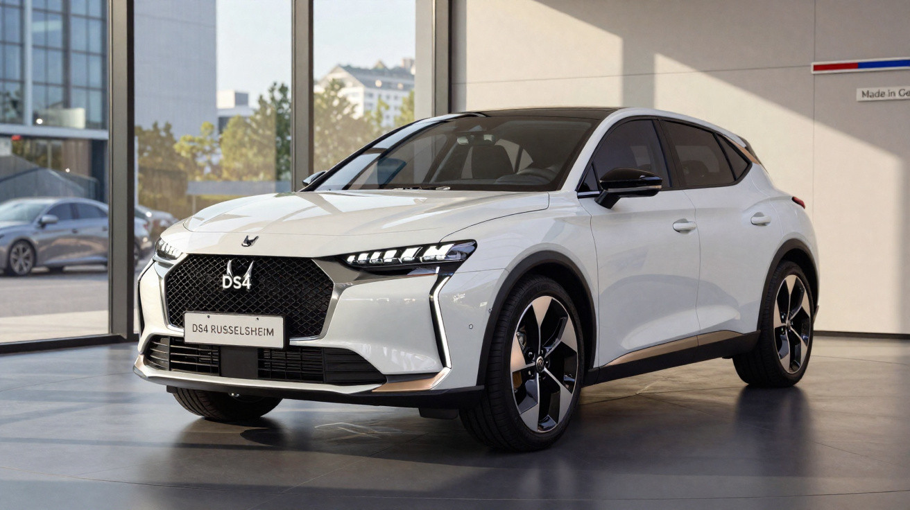 Weißer DS4 SUV mit schwarzem Dach in moderner Ausstellungshalle nahe großen Fenstern.