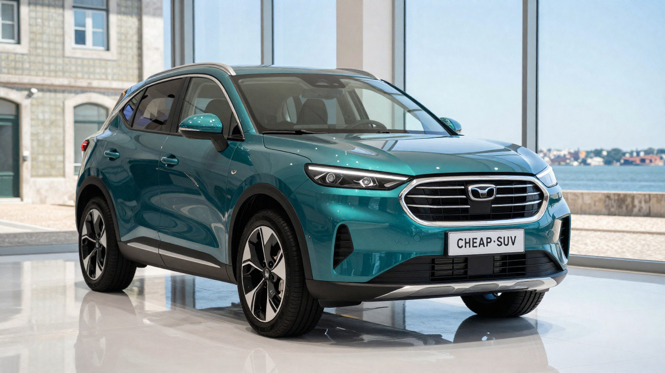 Türkisfarbener SUV-Crossover steht in einem hellen Ausstellungsraum mit großer Fensterfront.