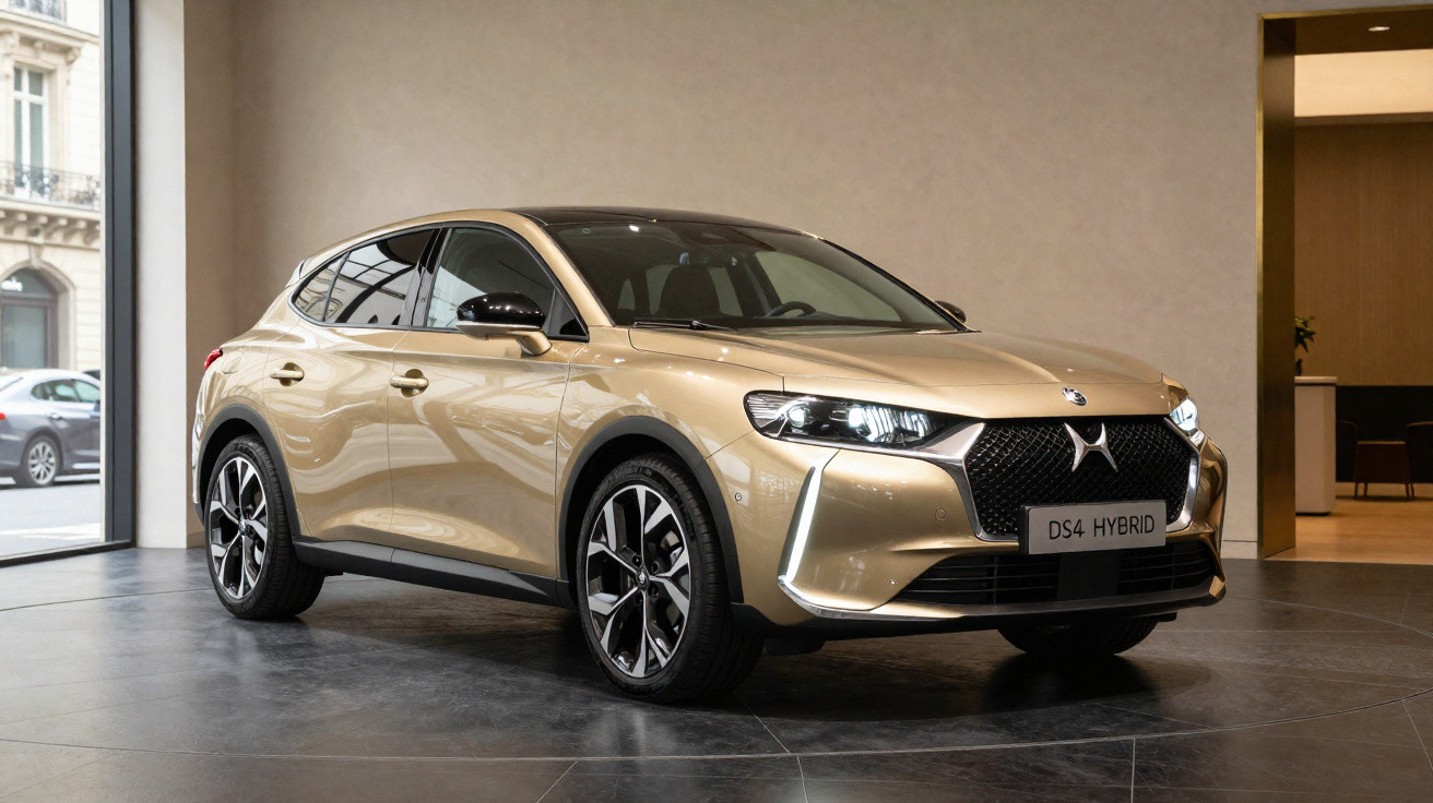 Beiger DS4 Hybrid SUV mit schwarzen Akzenten, moderner Front und LED-Scheinwerfern in heller Ausstellung.