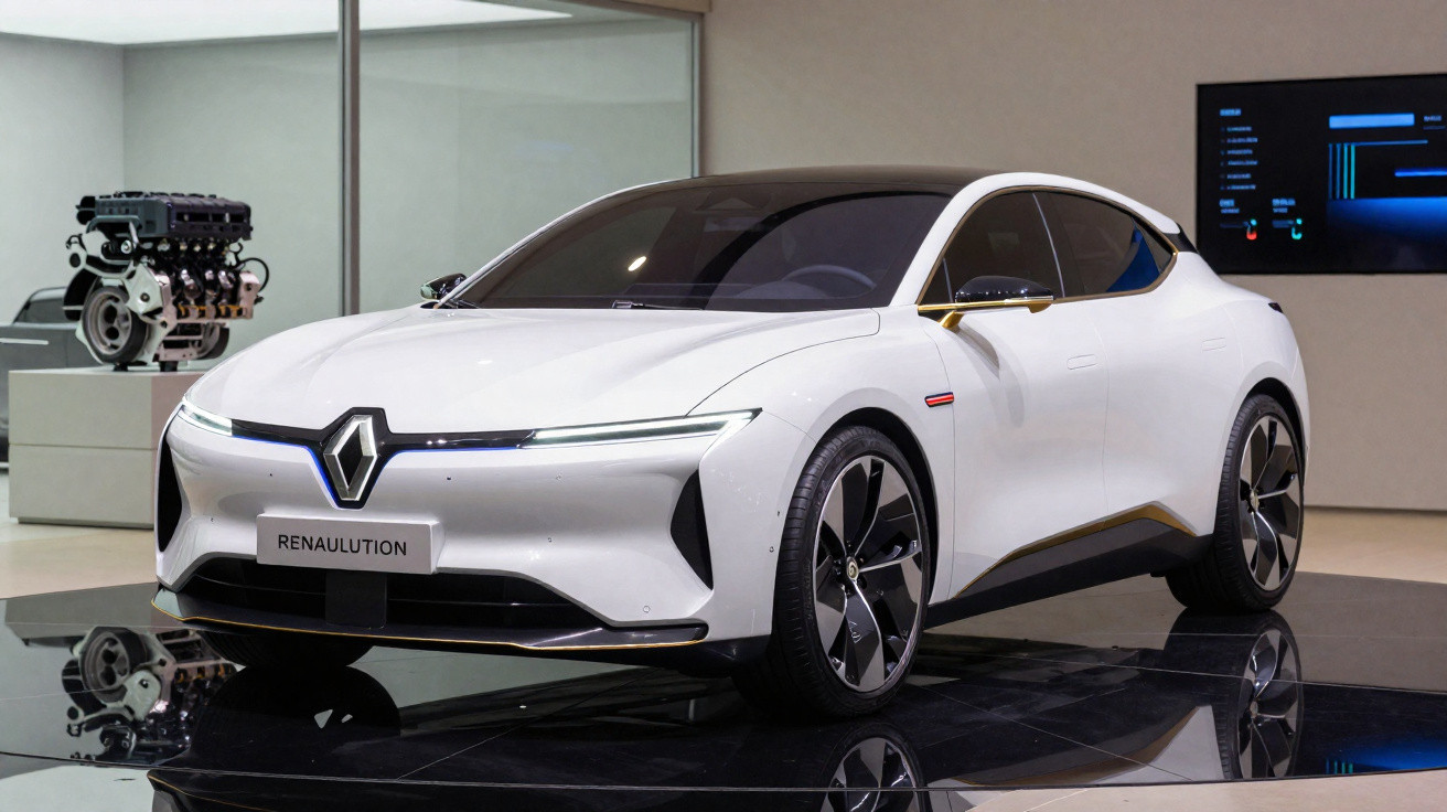 Weißes Renault Konzeptfahrzeug Renaulution in moderner Ausstellung mit digitaler Anzeige im Hintergrund.