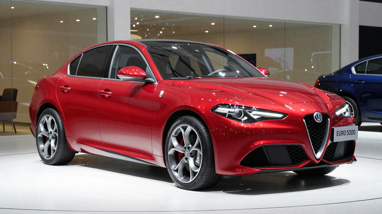 Rote Alfa Romeo Limousine auf Ausstellung, moderne Sportwagen mit markantem Frontdesign und glänzender Oberfläche.