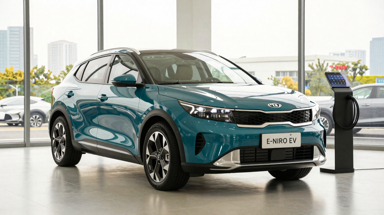 Blauer Kia E-Niro Elektroauto im Showroom neben einer Ladestation vor großen Fenstern.