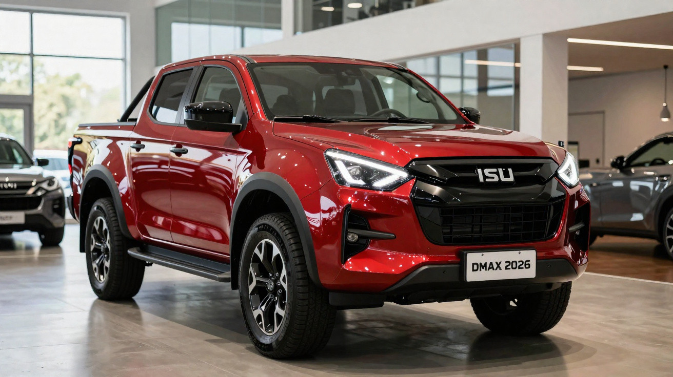 Roter Isuzu D-Max 2026 Pick-up im Ausstellungsraum mit moderner Front und LED-Scheinwerfern.