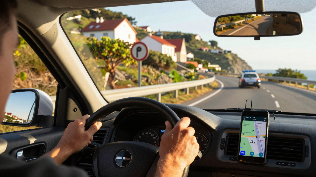Blick aus dem Auto beim Fahren auf kurviger Küstenstraße mit Navigations-App auf dem Smartphone.