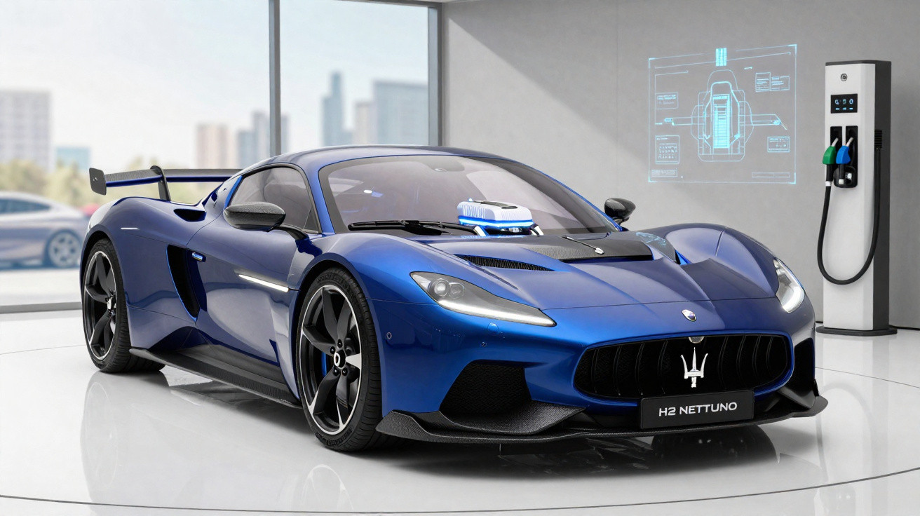 Blauer Maserati H2 Nettuno Sportwagen vor Ladestation in modernem Showroom mit digitaler Projektion.