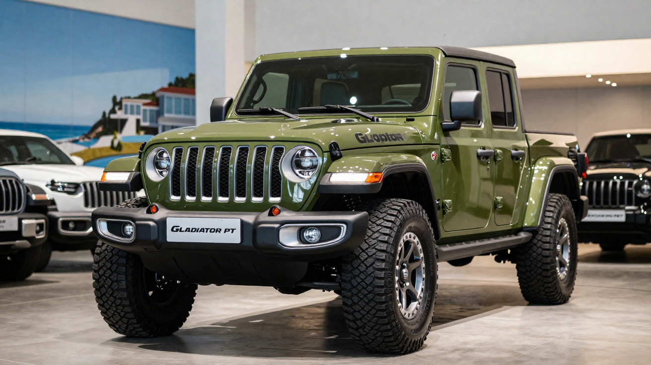 Grüner Jeep Gladiator PT Pickup mit Gelände-Reifen in einem modernen Autohaus.