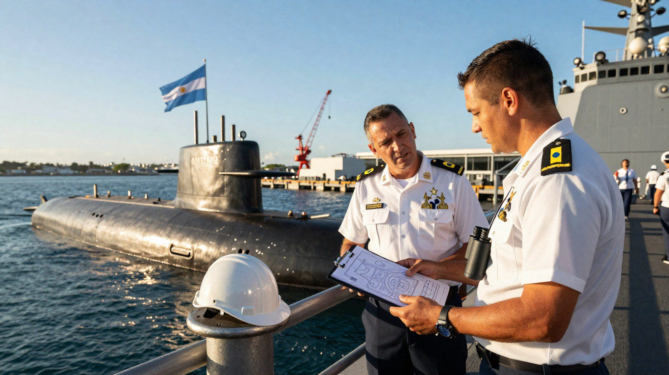 Zwei Marineoffiziere besprechen Pläne am Hafen neben einem U-Boot mit argentinischer Flagge.