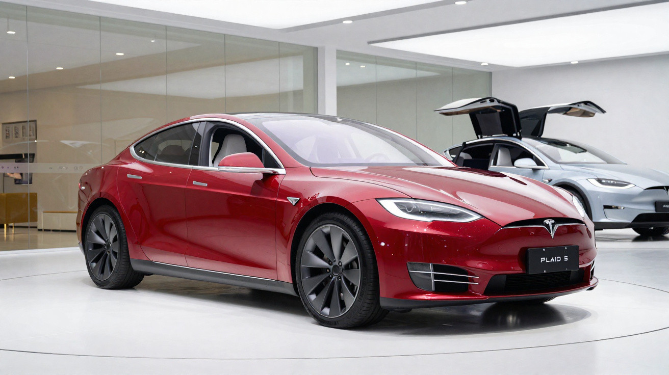 Rotes Tesla Model S Plaid in hellem Showroom, im Hintergrund silbernes Model X mit geöffneten Heckflügeltüren.