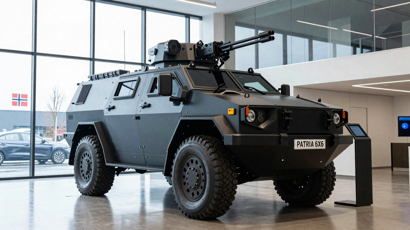 Schwarzer gepanzerter Patria 6x6 Militär-LKW mit Waffenstation in moderner Ausstellungshalle.