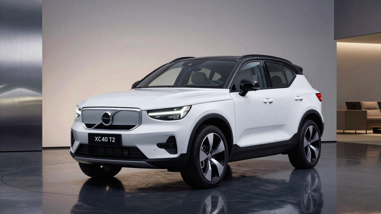 Weißer Volvo XC40 T2 SUV in moderner, minimalistischer Innenraumumgebung mit spiegelnder Bodenfläche.