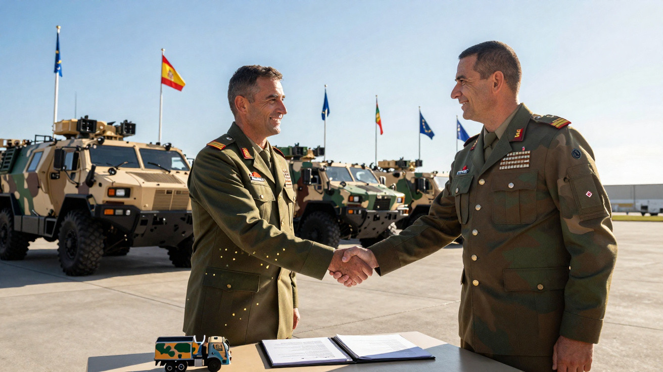 Zwei Militärangehörige in Uniform schütteln sich vor gepanzerten Fahrzeugen und Nationalflaggen die Hand.