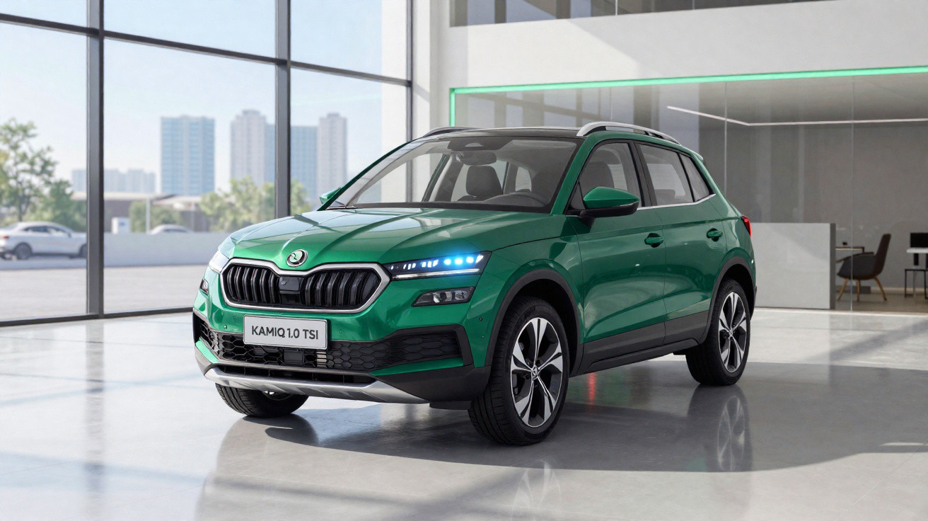 Grüner Skoda Kamiq 1.0 TSI SUV in modernem Showroom mit großen Fenstern und hellen Wänden.