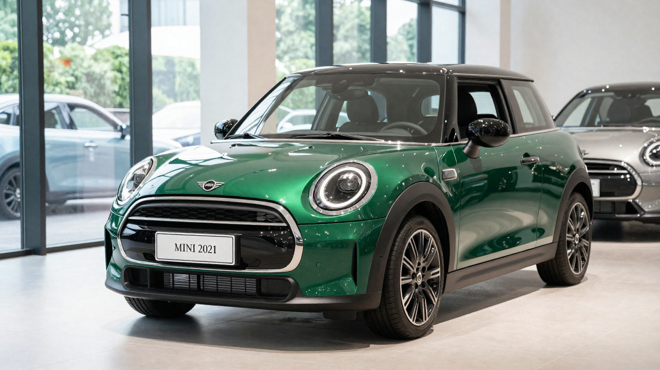 Grüner Mini Cooper 2021 im Autohaus, Frontansicht mit schwarzem Dach und modernen LED-Scheinwerfern.
