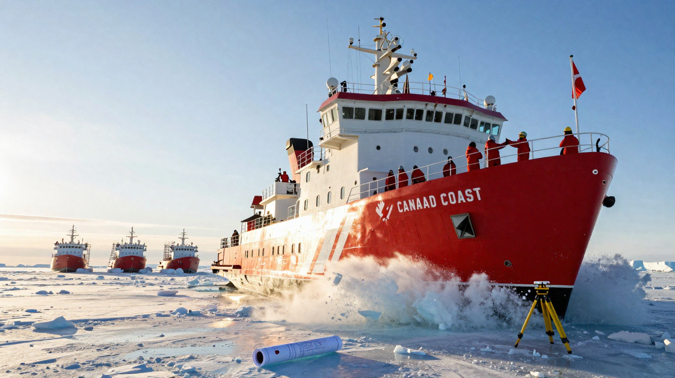 Rotes Eisbrecher-Schiff mit Mannschaft fährt durch arktisches Meer mit Eisbergen im Hintergrund.