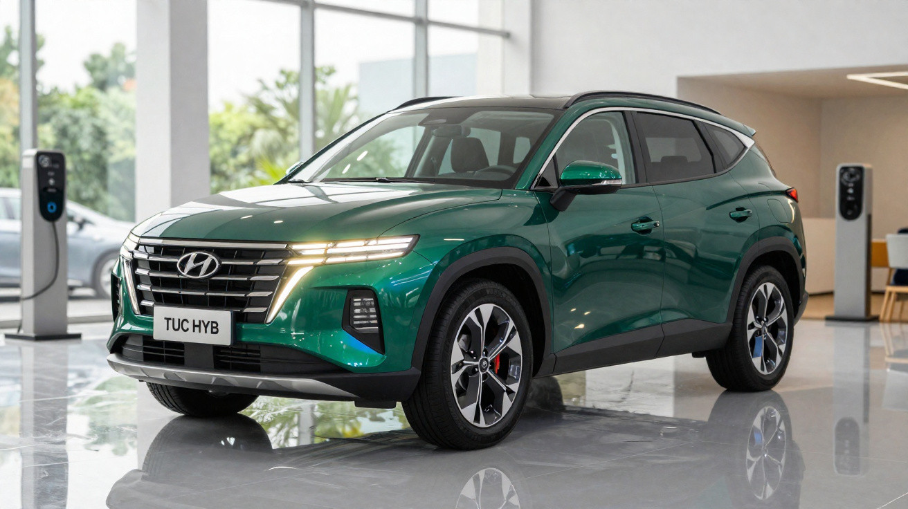 Grüner Hyundai Tucson Hybrid SUV in modernem Showroom mit reflektierendem Boden und Elektro-Ladestationen.