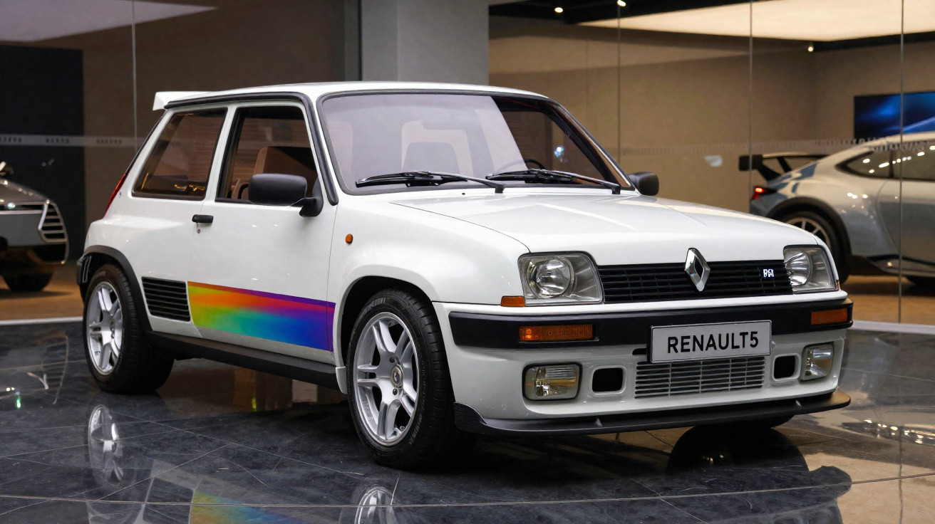 Weißer Renault 5 Turbo mit Regenbogen-Design am Kotflügel, in moderner Ausstellungshalle.