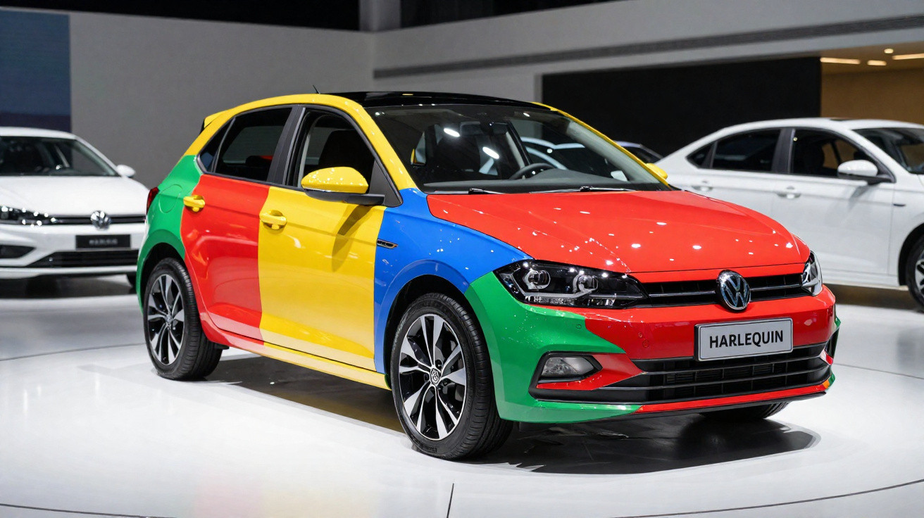 Volkswagen Polo Harlekin mit mehrfarbig lackierter Karosserie auf Autoschau in weißer Halle.