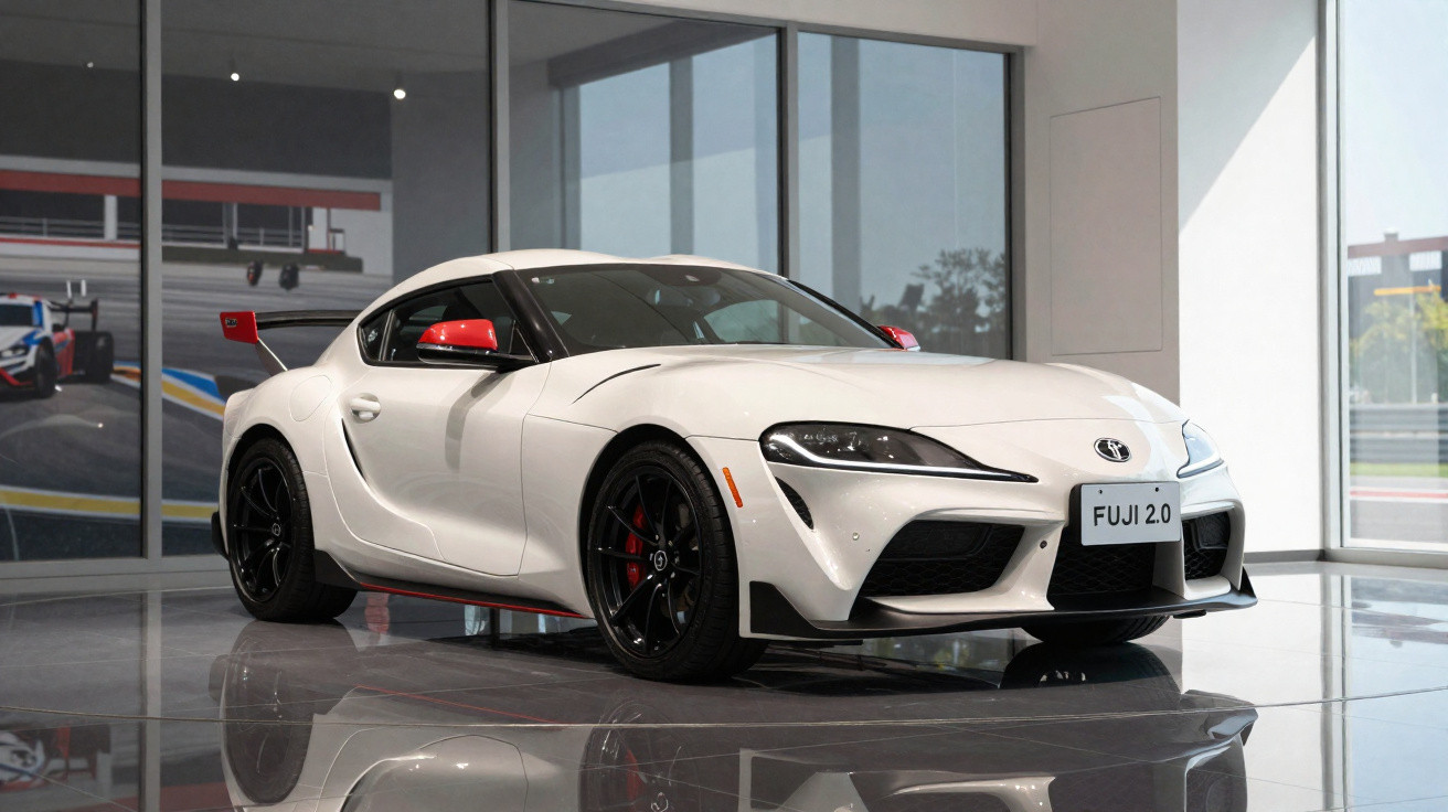 Weißer Toyota Supra Sportwagen mit roten Akzenten und Heckspoiler in moderner Ausstellungshalle.