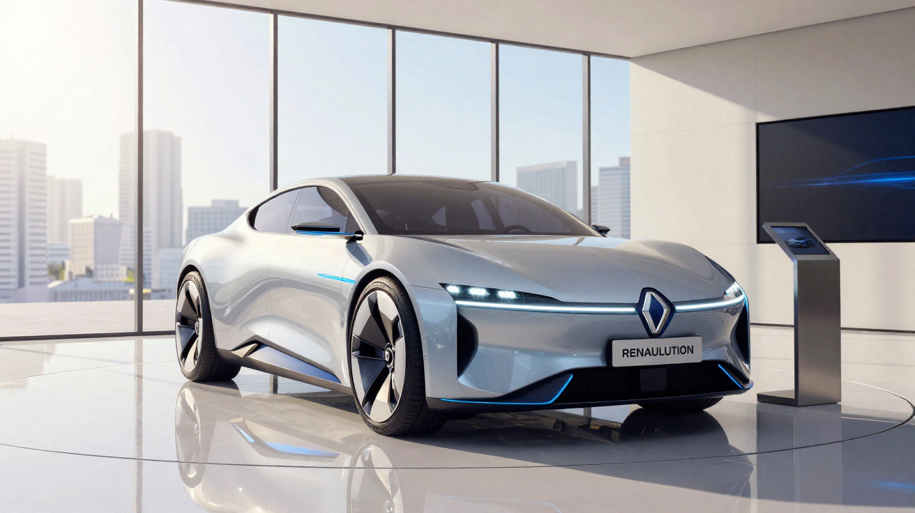 Silberner Renault Elektrosportwagen Renaulution in modernem Showroom mit großen Fenstern und Stadtblick.