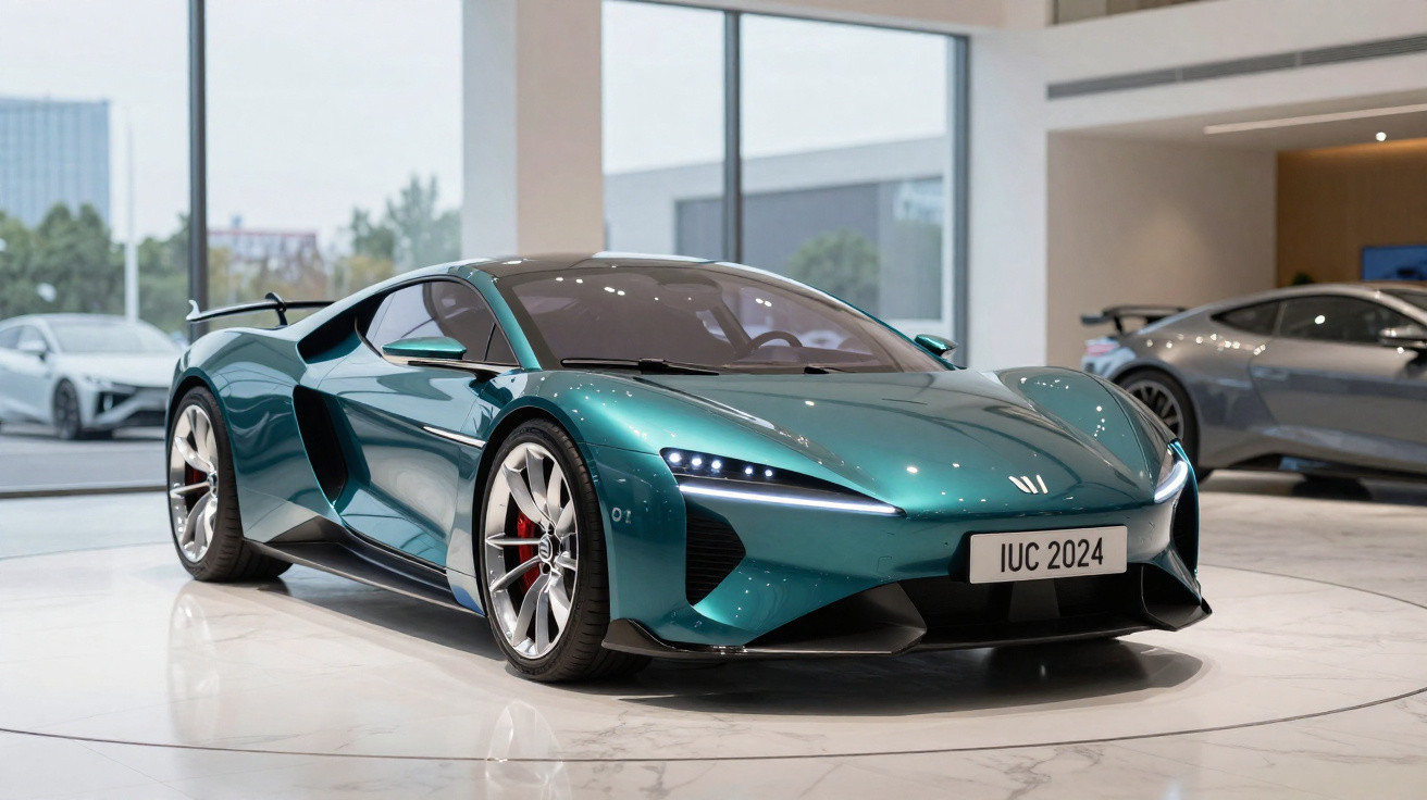 Türkisgrüner Sportwagen mit LED-Scheinwerfern und aerodynamischem Design in einem modernen Showroom.