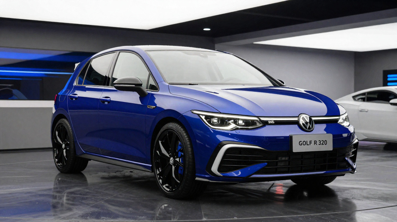 Blauer Volkswagen Golf R 320 in moderner Ausstellungshalle, Front- und Seitenansicht sichtbar.
