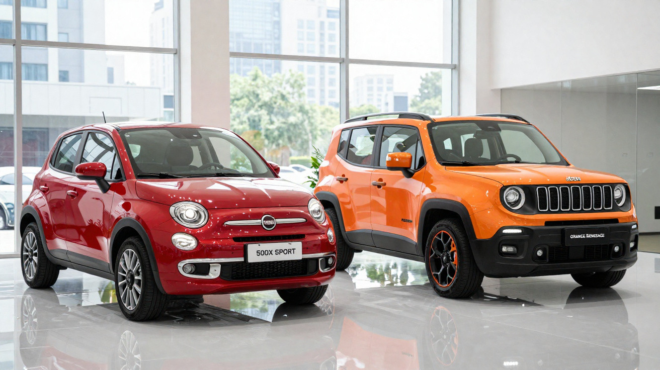 Zwei neue Autos in einem hellen Automobilshowroom, ein roter Fiat 500X Sport und ein orangefarbener Jeep Renegade.