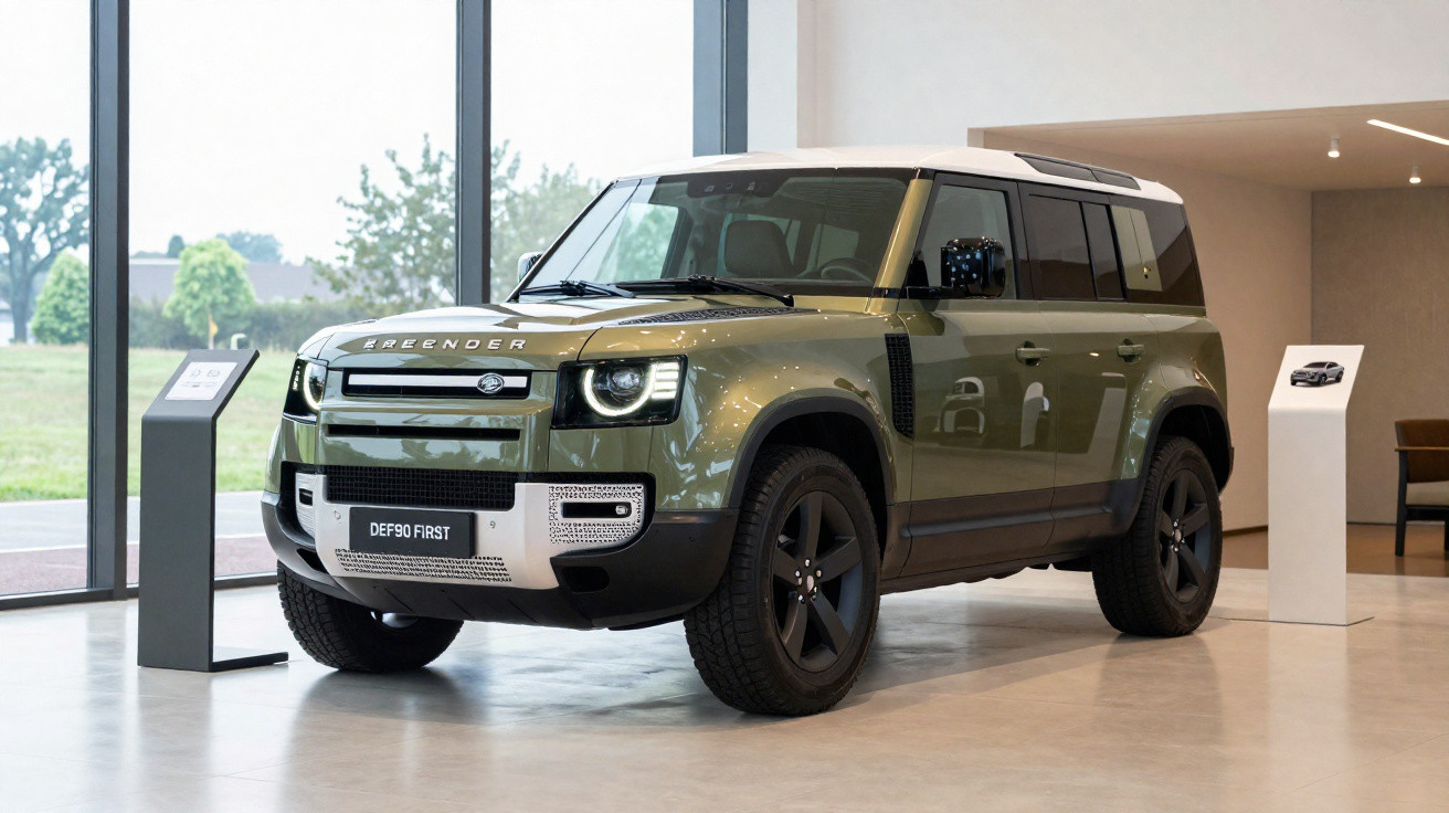 Grün-beige Land Rover Defender 90 First Edition SUV im Ausstellungsraum vor großen Fenstern stehend.