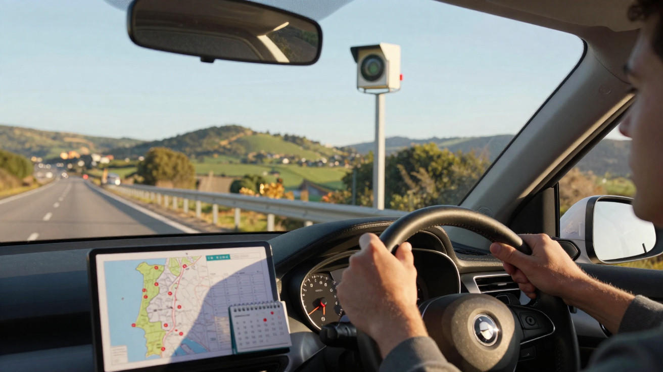 Person fährt Auto auf Landstraße, vor Auto steht eine Geschwindigkeitskamera, Navigationsgerät zeigt Karte.